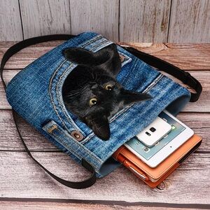 Cute Cat Denim Crossbody Bag